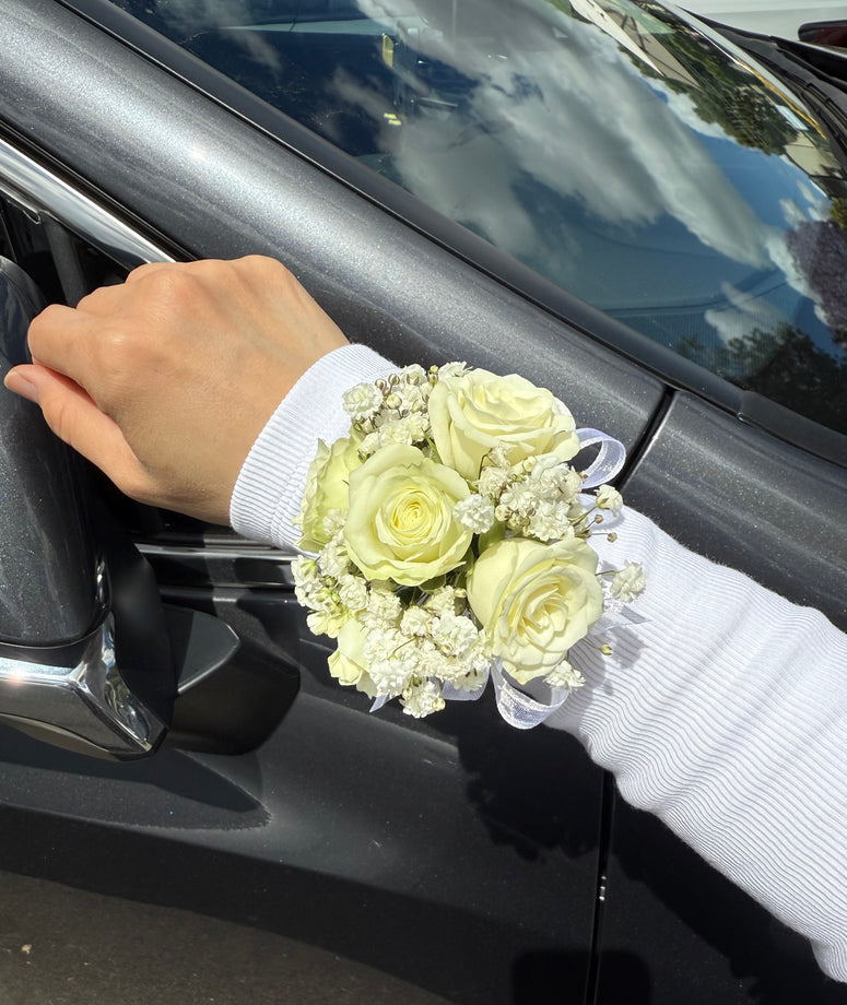 Corsage, White Pearls Bracelet with White Flowers